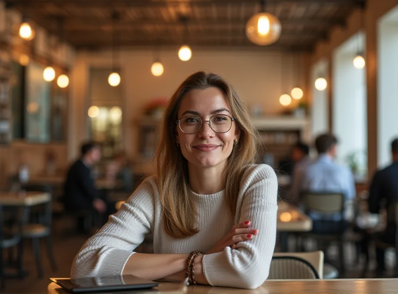 A confident woman smiling and enjoying her own company in a cafe, with a laptop and coffee.