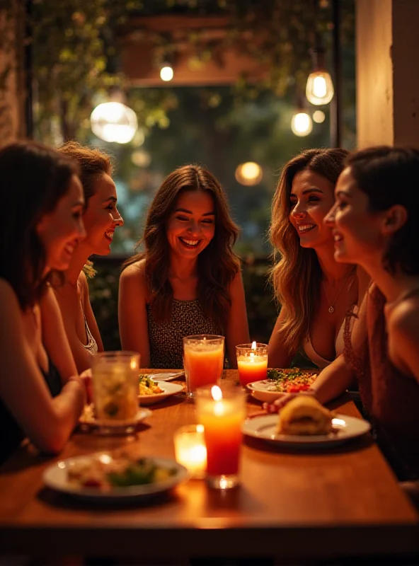 A group of diverse women laughing and enjoying each other's company at a restaurant.