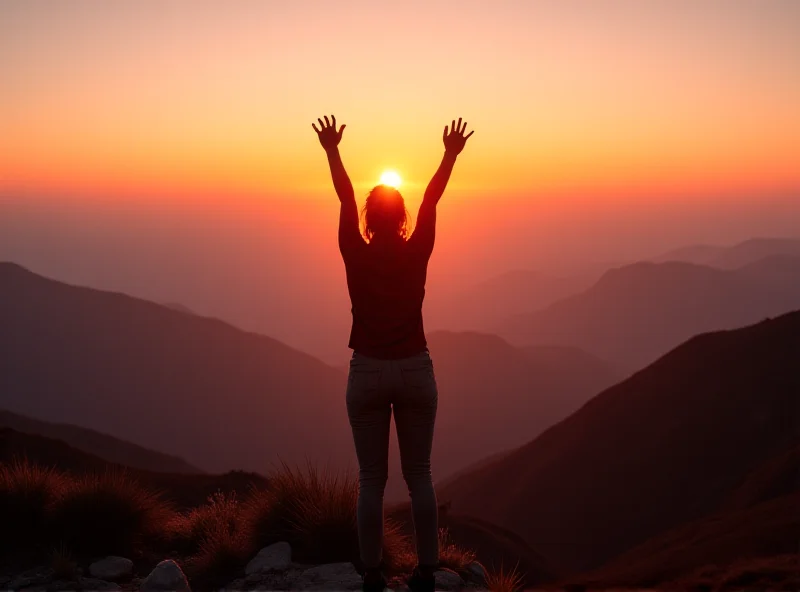 A woman standing confidently on a mountaintop, arms raised, overlooking a vast landscape.