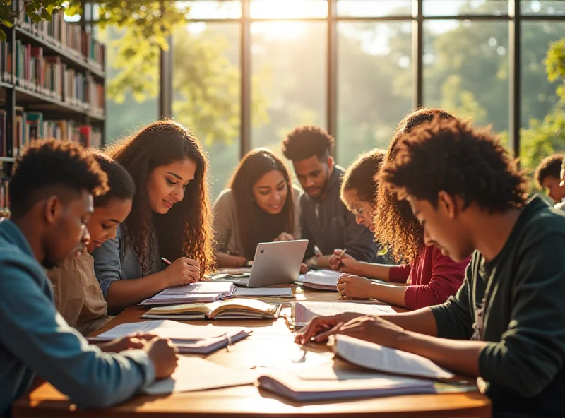 A diverse group of high school students studying together in a modern library, sunlight streaming through the windows.
