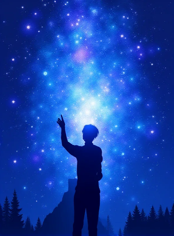 A stylized digital painting of a person silhouetted against a vibrant galaxy, reaching out with their hand.