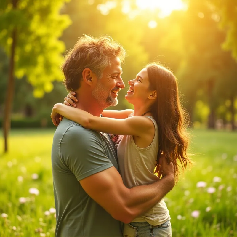 A parent lovingly embracing their child, both smiling, in a sunlit park.