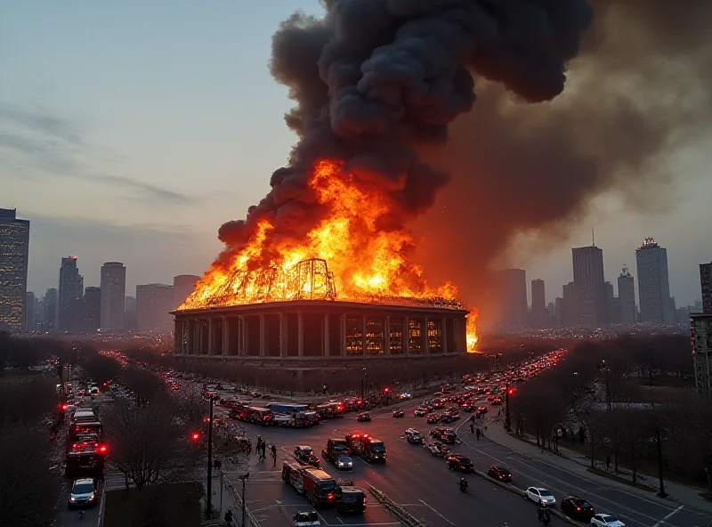 A plume of smoke rising from a large fire near a city stadium.