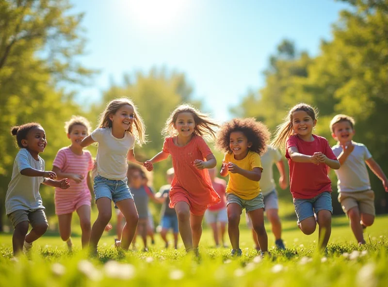 A diverse group of children playing together in a park, representing the future generation of England.
