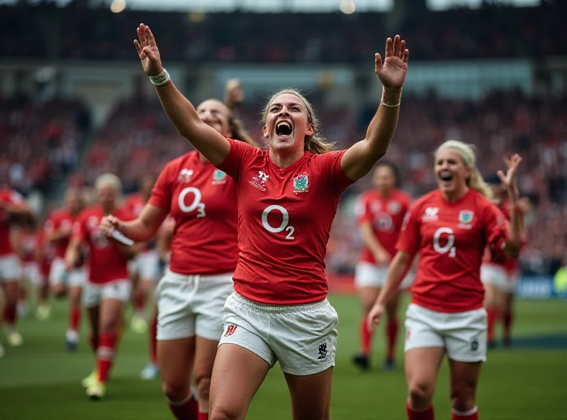 England's women's rugby team celebrating a victory