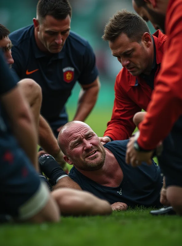 A rugby player receiving medical attention on the field after an injury.