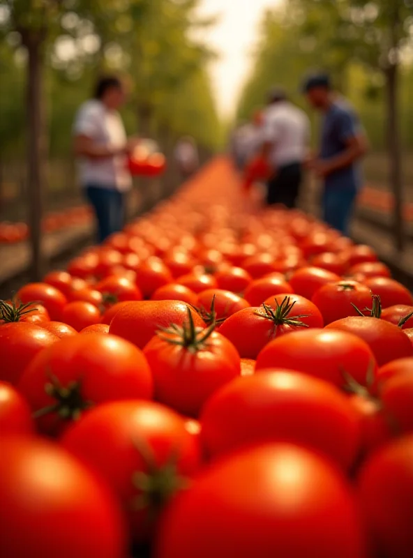 Close-up shot of ripe, red Amela tomatoes being harvested at the La Palma cooperative in Granada, Spain.