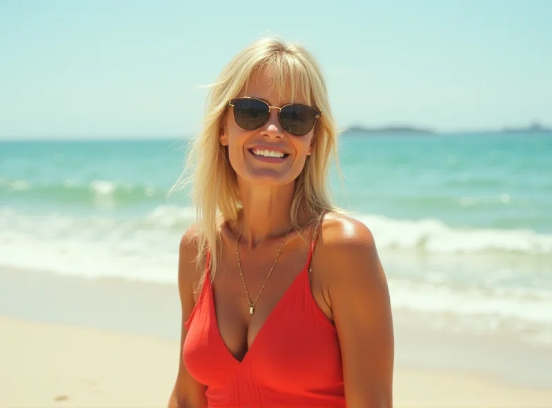 Pamela Bach smiling on the beach in a swimsuit