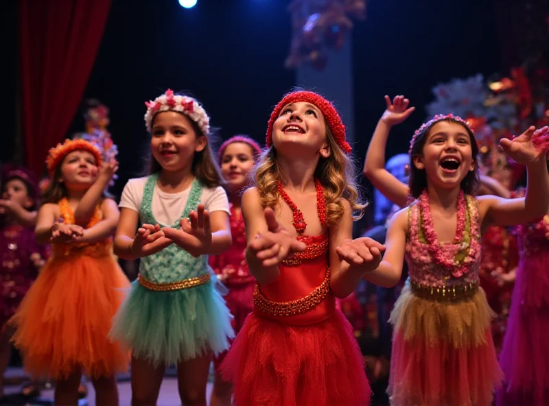 Children performing on stage in a colorful musical production, with bright costumes and cheerful expressions