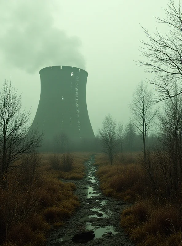 Concept art for Atomfall, depicting a desolate British landscape with a nuclear power plant in the distance, showcasing the game's dark and atmospheric setting.