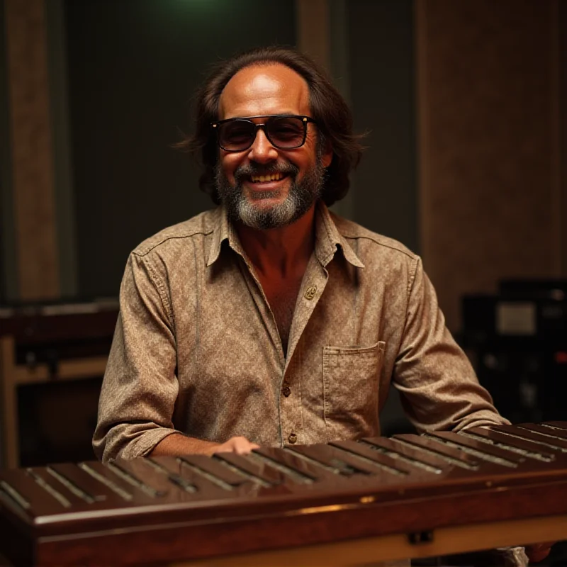 A portrait of Roy Ayers playing the vibraphone, with a warm and inviting smile on his face. He is dressed in stylish 70s attire.