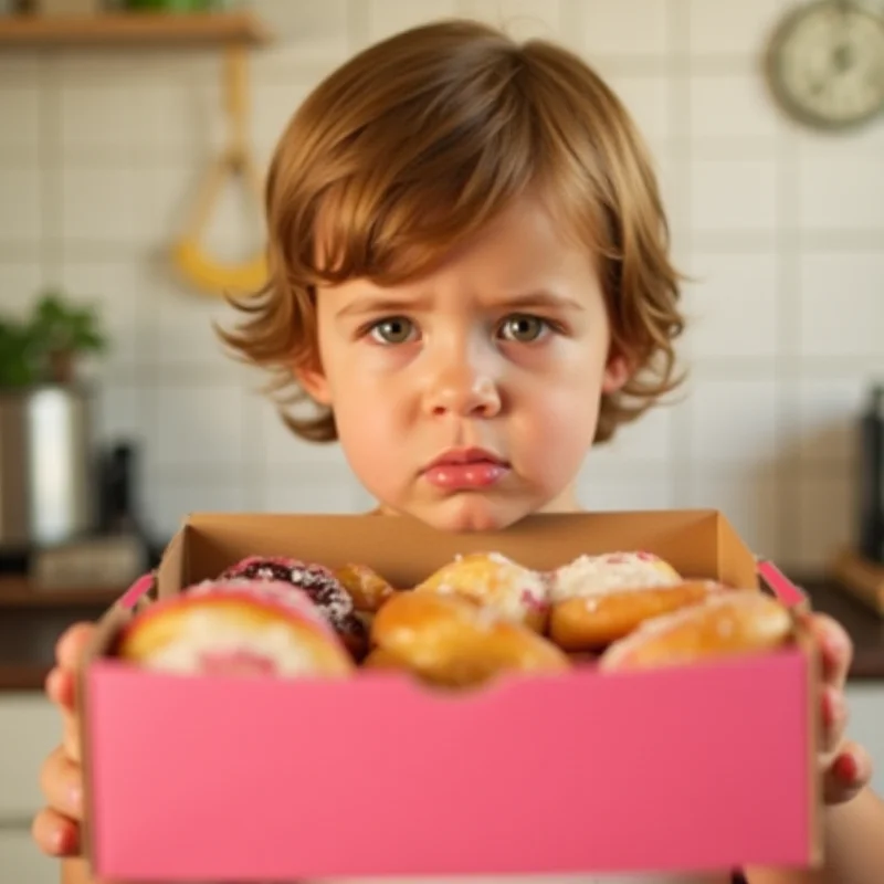 A toddler holding a box of doughnuts, looking directly at the camera with a mischievous expression.