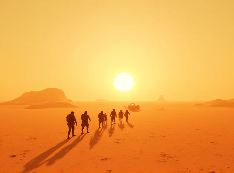 Screenshot from 'Take Us North' video game showing migrants walking through a desert landscape.
