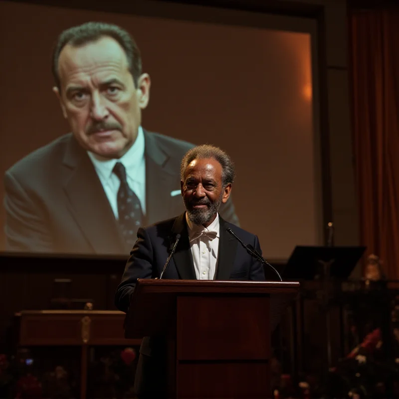 A photo of Morgan Freeman speaking at the Oscars, with a picture of Gene Hackman displayed on the screen behind him.