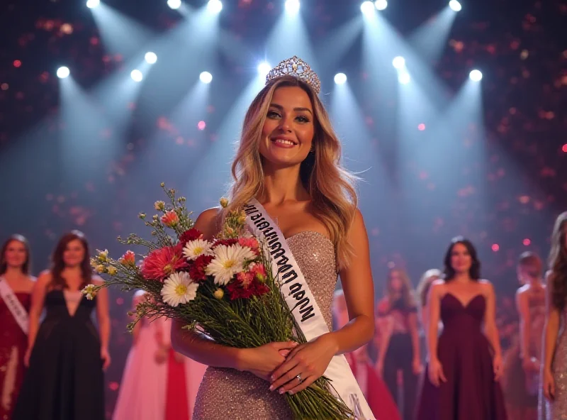 Valentina Busik, the winner of Miss Germany, standing on stage holding flowers and smiling.