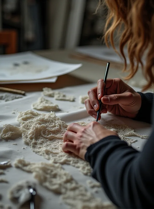 Close-up shot of a designer working on a costume, focusing on the intricate details and textures of the fabric.