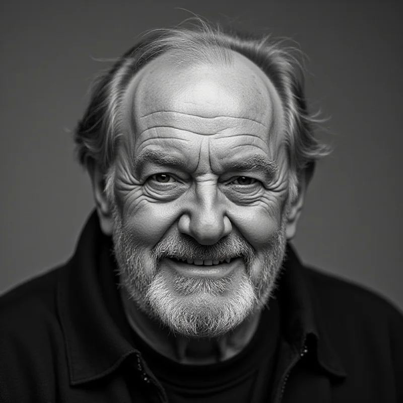 A black and white portrait of Gene Hackman smiling warmly, looking directly at the camera.