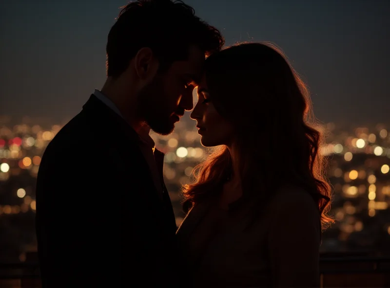 A promotional image of the movie Anora, featuring the main characters in a romantic pose.