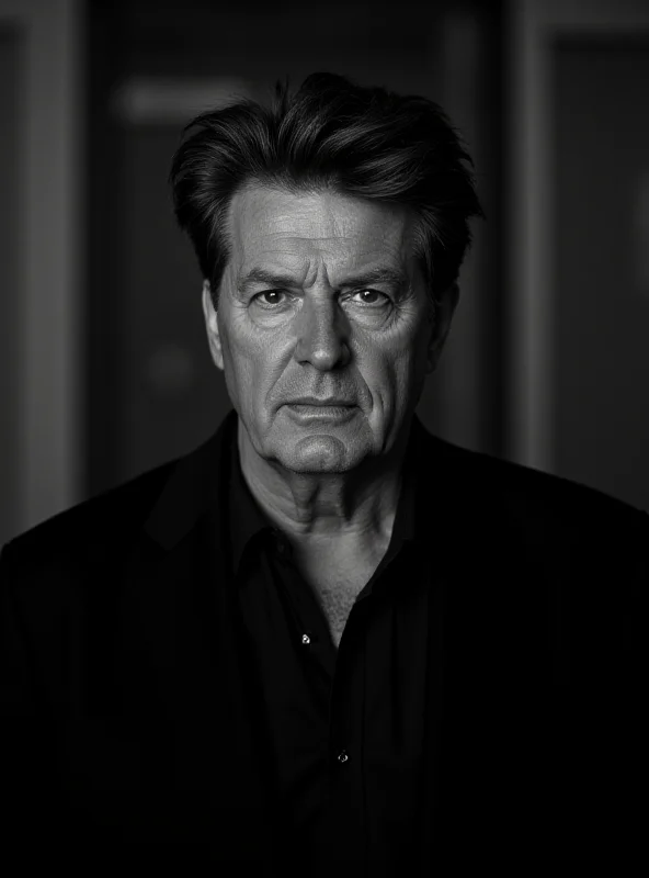 A black and white photo of Alec Baldwin looking serious while on set.