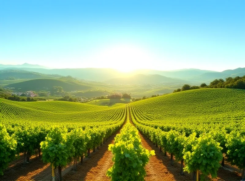 A vineyard in Málaga, Spain, with rolling hills and blue sky.