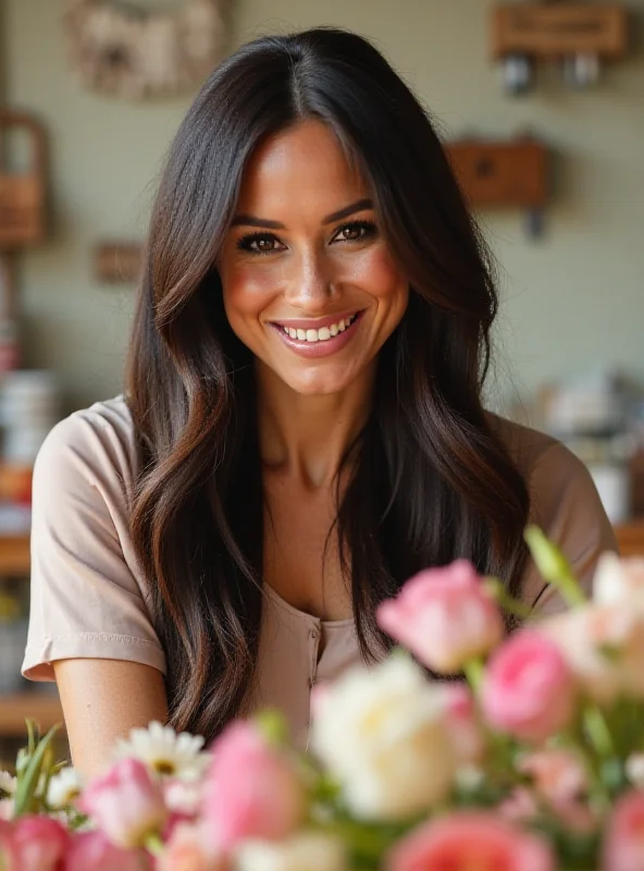 Meghan Markle smiling warmly, surrounded by flowers and crafting supplies.
