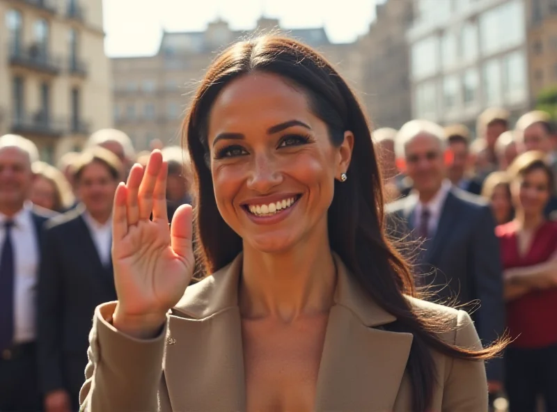 Meghan Markle smiling and waving at a crowd.
