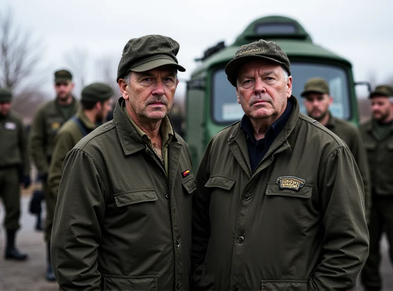 Two German police detectives standing in front of a military vehicle.