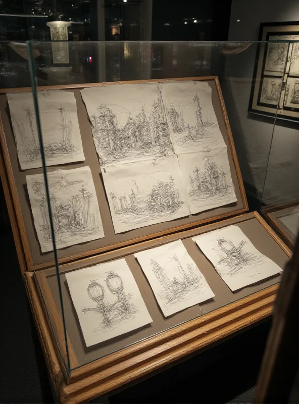 A collection of James Cameron's detailed pencil sketches for a movie set, displayed under glass in a museum setting.