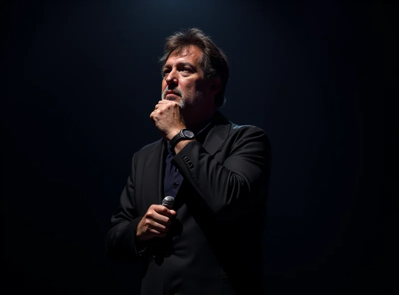 A portrait of Mr. Linfa, a Puglian singer, looking thoughtful with a microphone in hand.