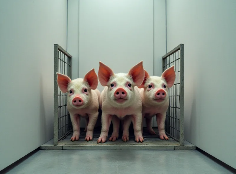 A pen with three piglets inside, looking distressed. The setting is a stark, minimalist art gallery.
