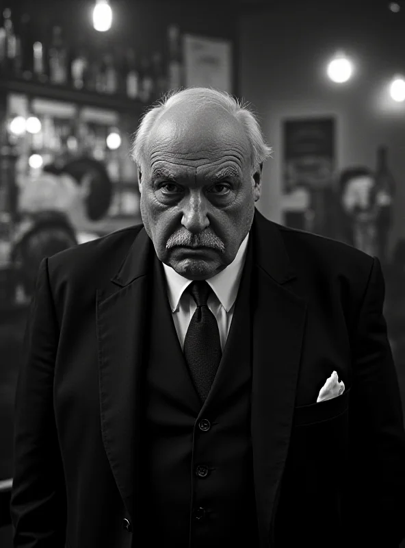 A black and white photo of Dave Courtney, looking menacing and wearing a suit. The background is a dimly lit pub.