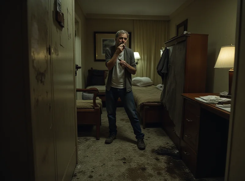 A dimly lit hotel room with visible dirt and stains on the carpet and furniture. A guest is looking disgusted.