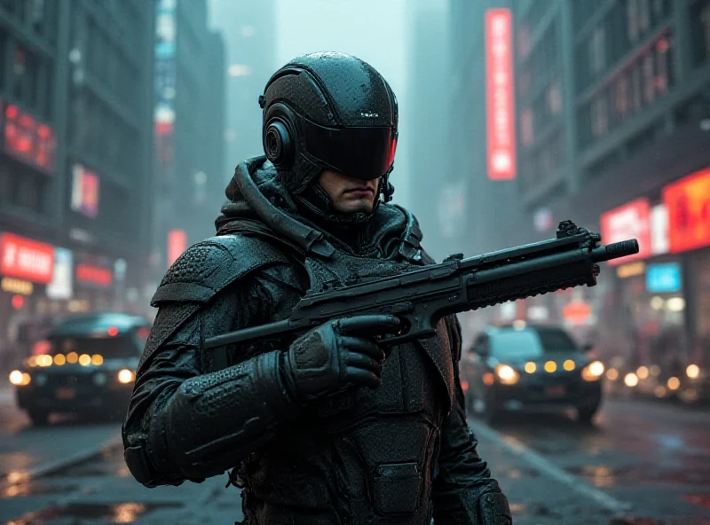 RoboCop standing in a futuristic cityscape, holding a gun and looking stern.