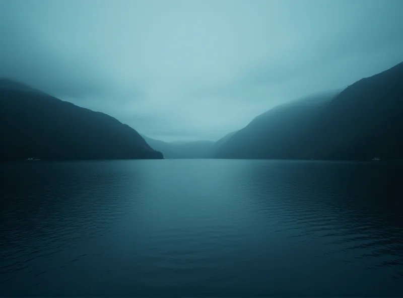 A photo of Loch Ness with a faint outline of a creature resembling the Loch Ness Monster in the distance.