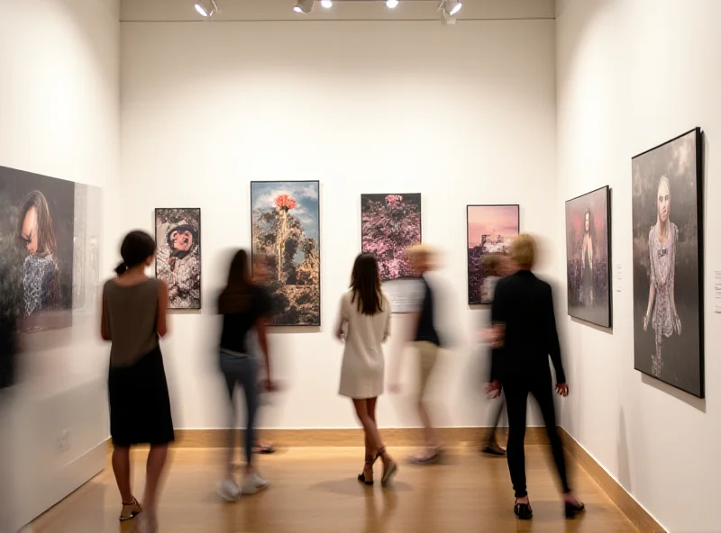 A gallery exhibition showcasing photographs with diverse themes, showcasing the work of female photographers.