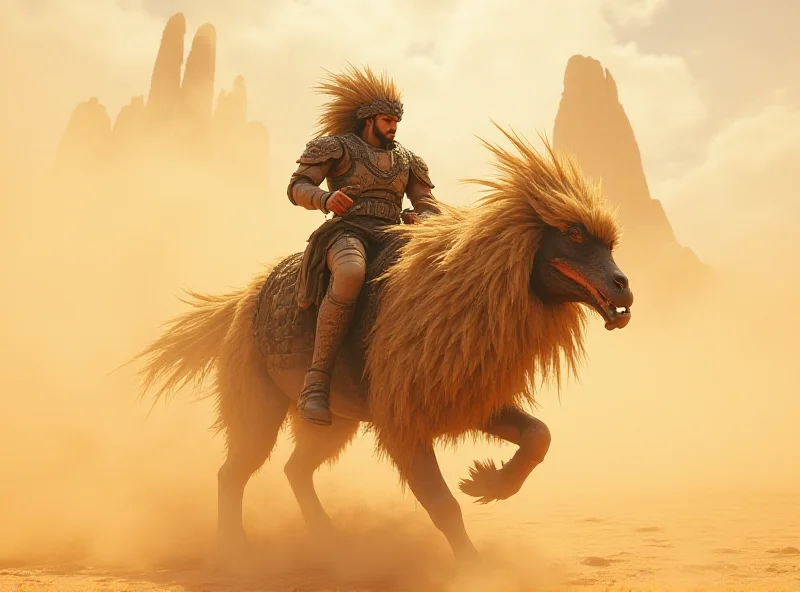 A dramatic scene from the Monster Hunter Wilds game, showing a character riding a large bird-like creature through a sandstorm.