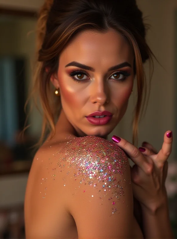 Close-up of a woman's hand applying glitter to her body, with a playful and confident expression on her face.