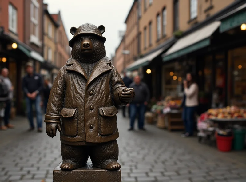 Paddington Bear statue standing in a town square, looking forlorn and empty where it once stood.