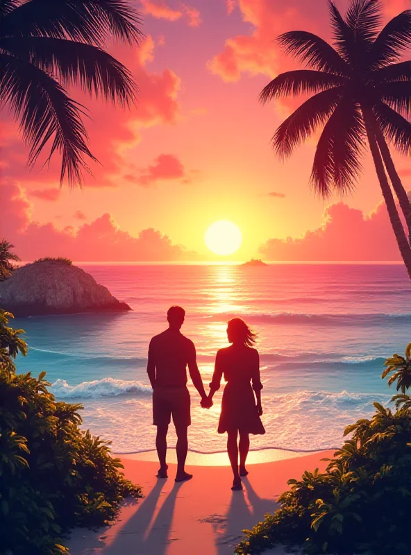 A digital illustration depicting a remote, tropical island with two figures resembling Prince Harry and Prince William silhouetted on the beach.