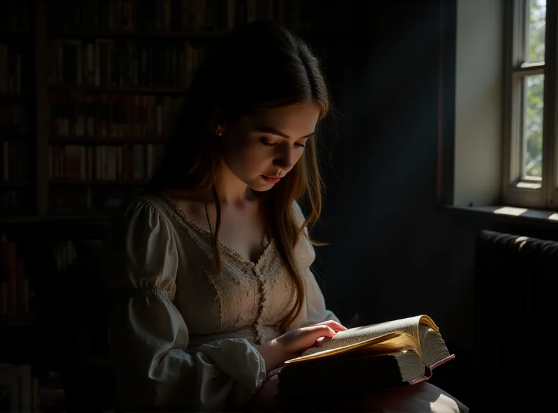 A young woman in Victorian dress reading a book in a dimly lit room.