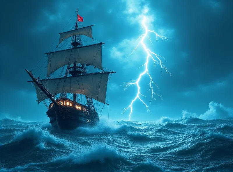 A pirate ship sailing through stormy seas, with dark clouds overhead.