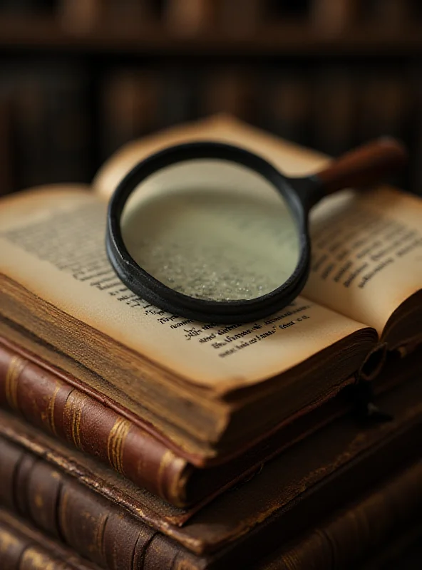 A stack of old books, with a magnifying glass resting on top.