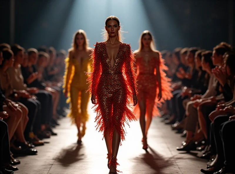Models walking the runway at Paris Fashion Week showcasing a collection with confetti-inspired designs.