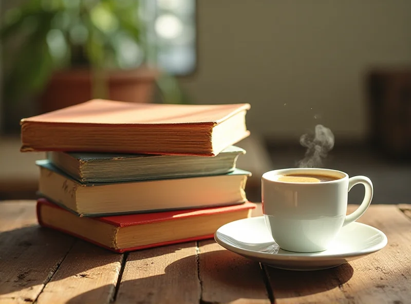 A stack of books with various colorful covers on a wooden table, with a cup of coffee beside them.
