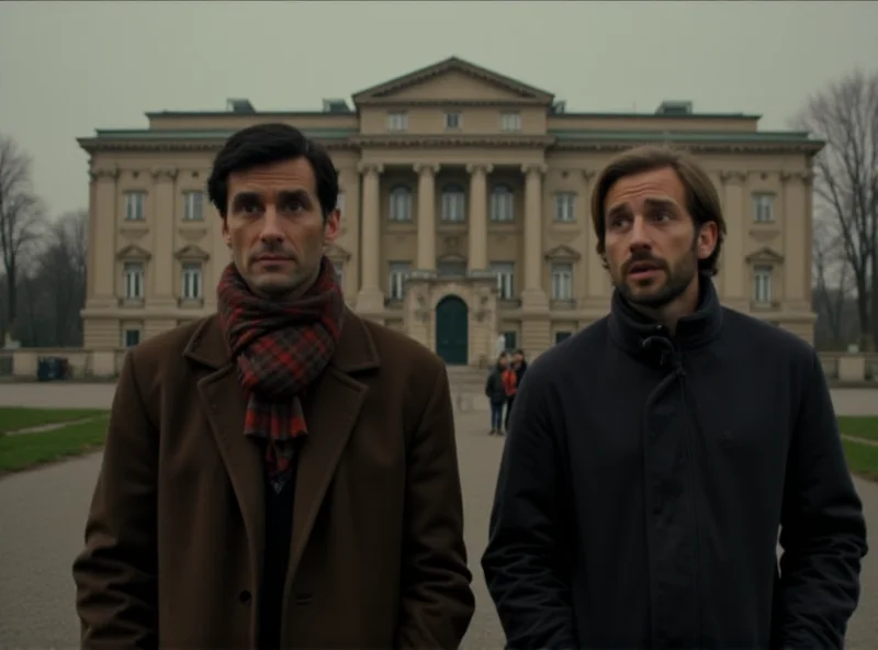 A still from the movie 'A Real Pain', showing two men standing in front of a historical building in Poland, with a slightly humorous expression.