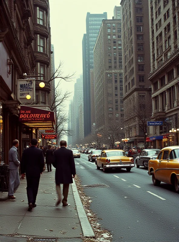 A vibrant color photograph by Vivian Maier, showing a street scene in mid-century America, with people walking and cars passing by. The image is full of detail and captures the energy of the city.