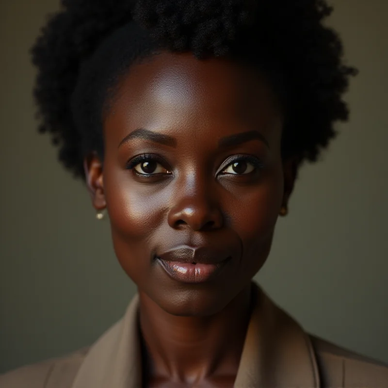A close-up portrait of Chimamanda Ngozi Adichie, looking thoughtful and intelligent, with a soft background.