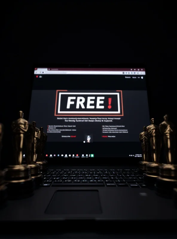 A laptop screen displaying a fake streaming website with the word 'FREE' prominently displayed, surrounded by Oscar statuettes.