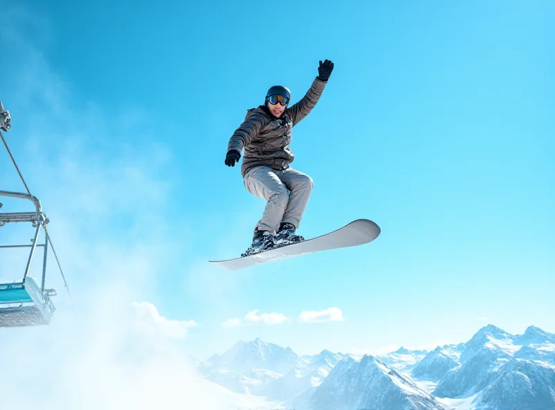 A young man jumping from a chairlift onto a snowy slope, with mountains in the background.