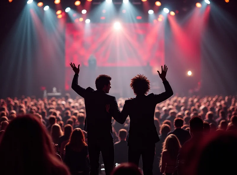 A still from the Sanremo music festival, showing Alessandro Borghi, his son, and Damiano David of Maneskin on stage during a performance.